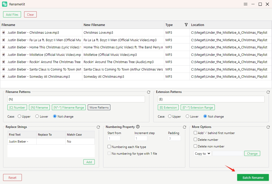 Confirmar la eliminación de parte de los nombres de archivo con renamekit